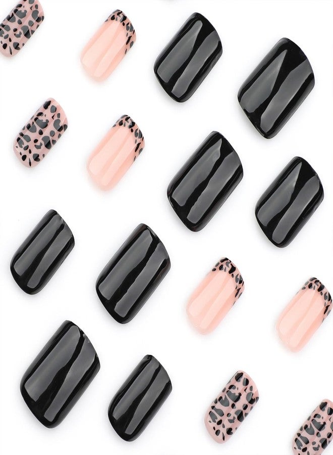 Vopintpy Leopard Print Press on Nails French Tip False Nails Black Solid Color Artificial Nails Short Square Full Cover Fake Nails Glossy Acrylic Stick on Nails for Women - Image 2
